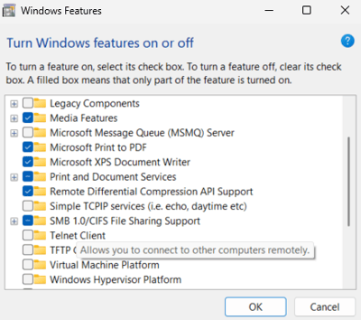 he Turn Windows features on or off menu.