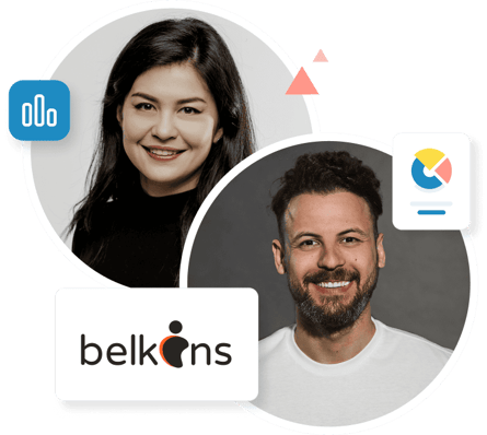 Margot Kashuba, CMO, y Michael Maximoff, fundador de Belkins, junto al logotipo de Belkins