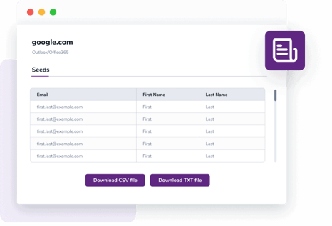 Una lista de direcciones de correo electrónico semilla que se generan al introducir un dominio para la preparación de correo electrónico.