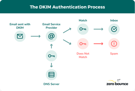 Un diagrama de flujo que muestra cómo un registro DKIM ayuda con la autenticación de correo electrónico y la protección del dominio.