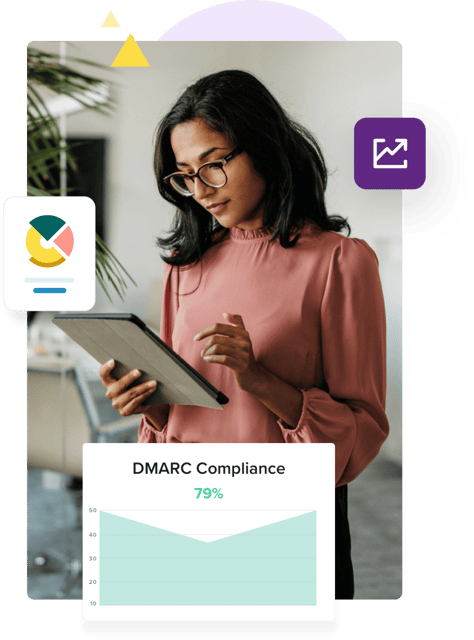 Una mujer con una blusa rosa sostiene una tableta junto a un gráfico titulado "DMARC Compliance" que marca el 79%.