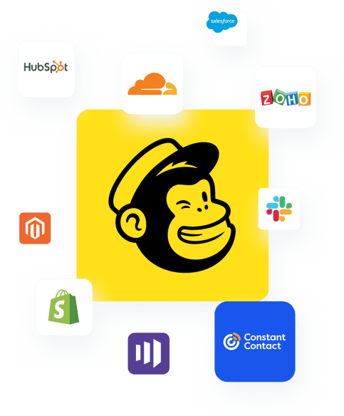 A collection of company logos, including HubSpot, Mailchimp, Constant Contact, Shopify, and Salesforce.