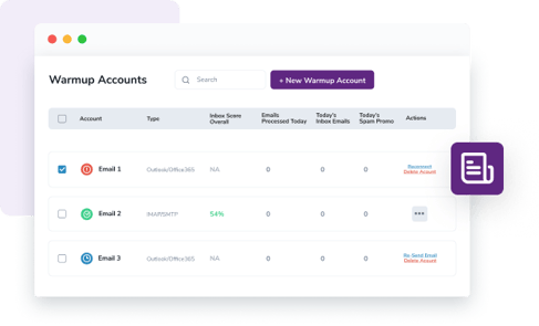 A dashboard showing Warmup Listings for three domains alongside their inbox score and emails sent today.