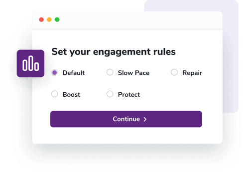 A menu that reads “Set your engagement rules” with “default” selected for the Email Warmup process.