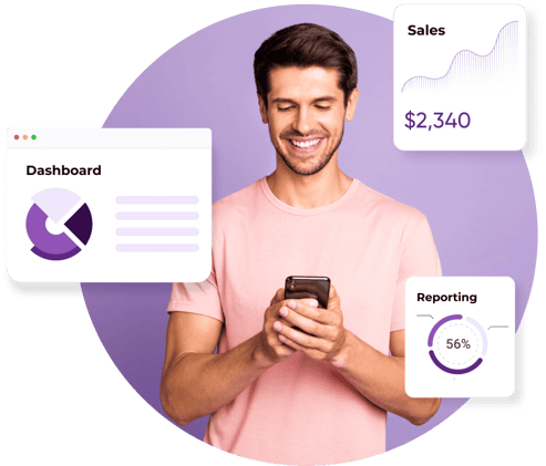 A man looks down at his phone and smiles as he looks at his ZeroBounce Partner dashboard and lifetime Partner sales.