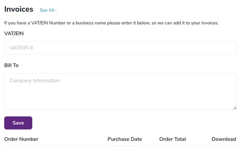 The invoices section of your ZeroBounce account with the text fields for tax number and Bill To details