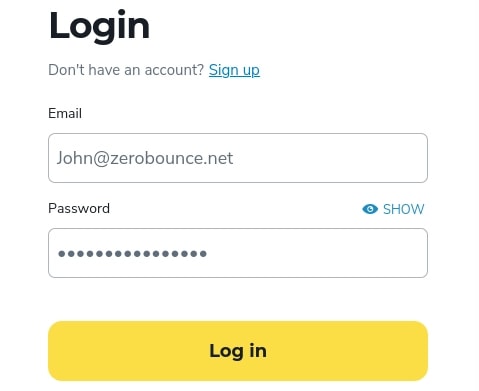Your ZeroBounce account login page with the changed email