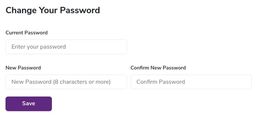 Current password, new password and confirm new password fields for changing your account password