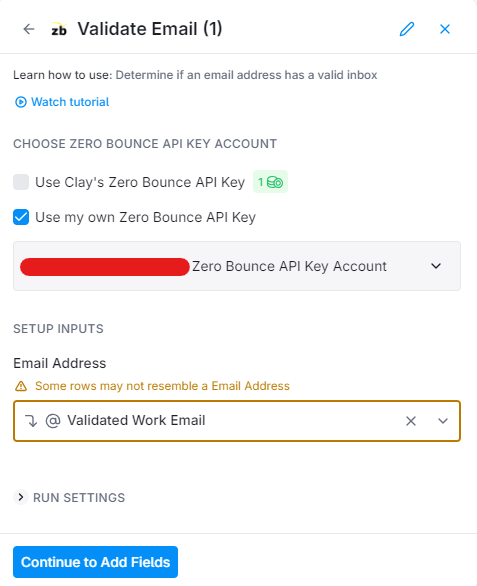 The ZeroBounce Clay.com integration setup menu with the ‘@email’ function selected within ‘Setup Inputs’