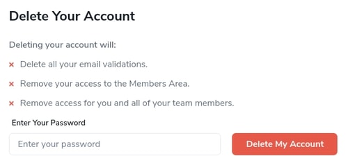 The delete your ZeroBounce account section with its password field and delete account button