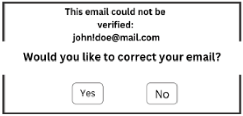 Mensaje de error de la integración Infinity de ZeroBounce en el que se lee lo siguiente: "Este correo electrónico no pudo verificarse. ¿Desea corregir su correo electrónico?"