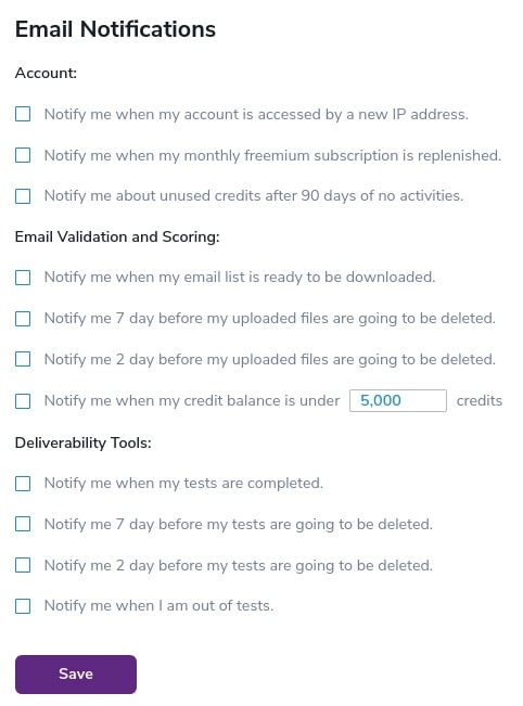 Notification settings of your ZeroBounce Account