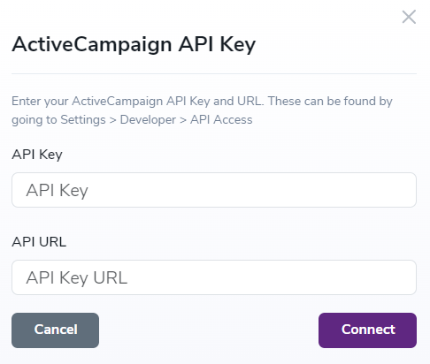 El menú de conexión de la clave API ActiveCampaign para ZeroBounce con campos en blanco en la clave API y URL API