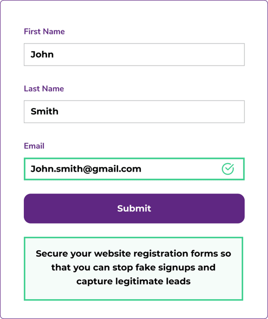 A registration form with the first and last name ‘John Smith’ and the valid email address in green ‘john.smith@gmail.com.’