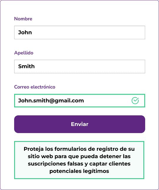 Un formulario de inscripción con el nombre y apellido 'John Smith' y la dirección de correo electrónico válida en verde 'john.smith@gmail.com'.