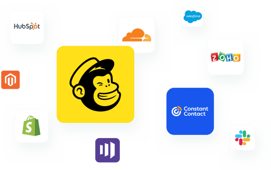 Grupo de logotipos, entre los que se incluyen Mailchimp, Constant Contact, Zoho, Shopify, HubSpot, Slack, Salesforce y más