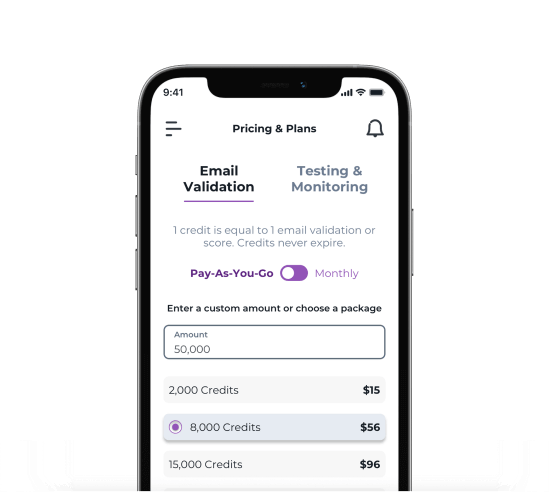 iPhone que muestra a un usuario actualizando los créditos de validación de correo electrónico en la configuración de pago de la aplicaci�ón ZeroBounce
