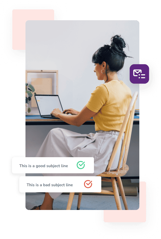 A woman in a yellow shirt sits on a wooden chair and types on her laptop alongside the different messages: "This is a good subject line," and "This is a bad subject line."