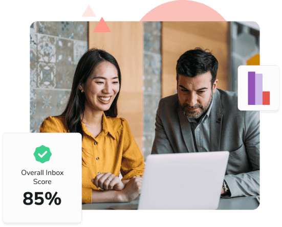 A woman in a yellow shirt looks at a laptop with her male coworker and sees an Overall Inbox Score of 85%.