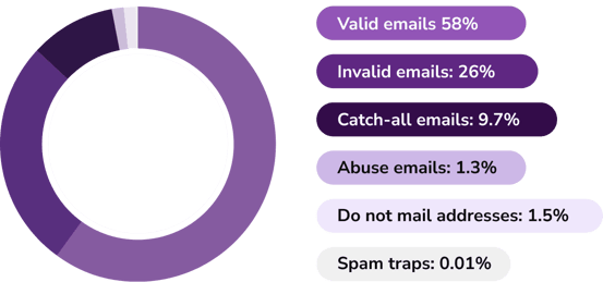 Graph using shades of purple lists percent and category of email database decay identified using real-time email validation results in 2024