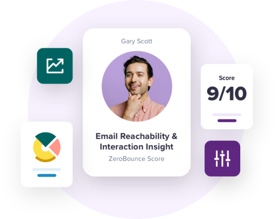 A headshot of a man named 'Gary Scott' and a report titled 'Email Reachability and Interaction Insight' for Email Scoring that shows a score of 9/10 alongside various graphs