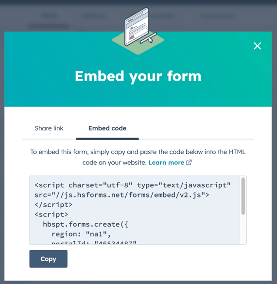 La ventana emergente "Inserta tu formulario" de HubSpot muestra el script HTML del formulario y un botón "Copiar".