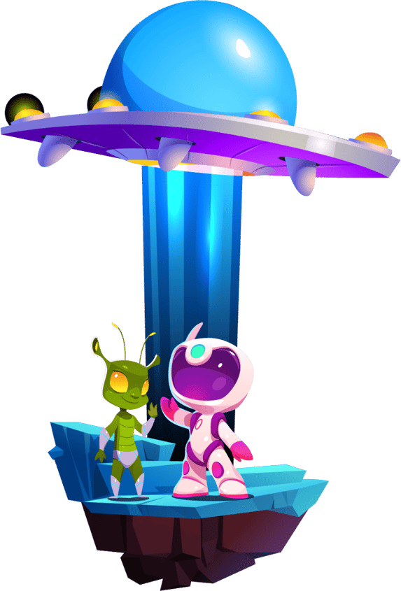 Astronaut wearing a white, purple, and pink suit waves to a green alien while a UFO hovers overhead