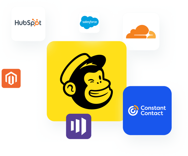 A collection of logos including HubSpot, Salesforce, Mailchimp, and Constant Contact.