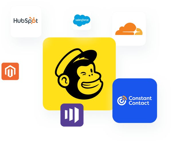 A collection of brand logos, including HubSpot, Salesforce, Mailchimp, and Constant Contact.