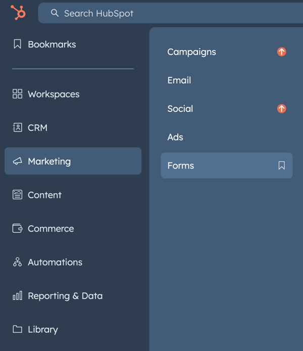 The HubSpot navigation menu with ‘Marketing’ and ‘Forms’ highlighted.