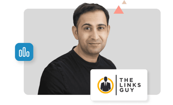 El logotipo de The Links Guy junto a una foto en primer plano del fundador, Amit Raj.