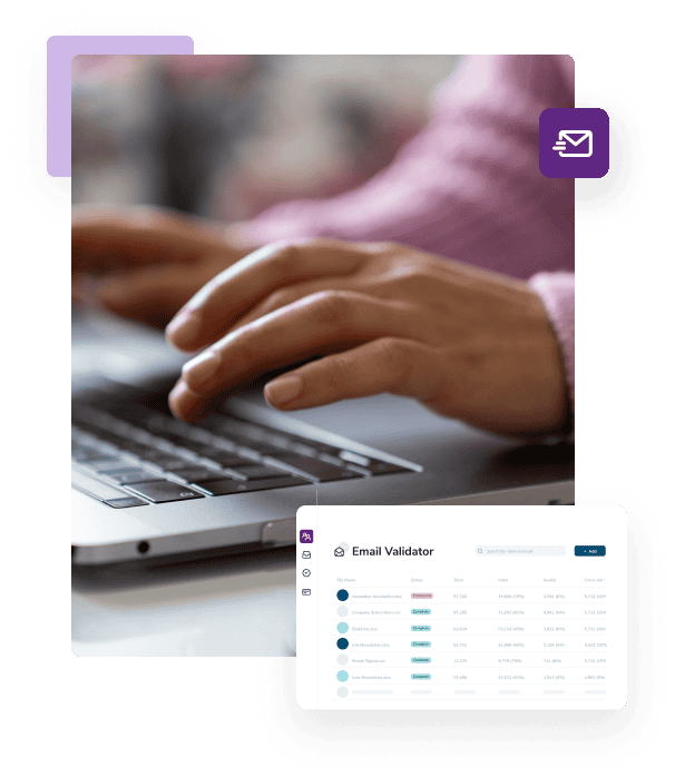 A close-up of a hand typing on a laptop keyboard next to a screenshot of an email validator's validation results.