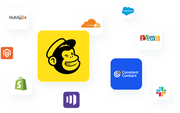 A variety of company logos including Mailchimp, Constant Contact, Zoho, Shopify, Slack, HubSpot, Salesforce, and more