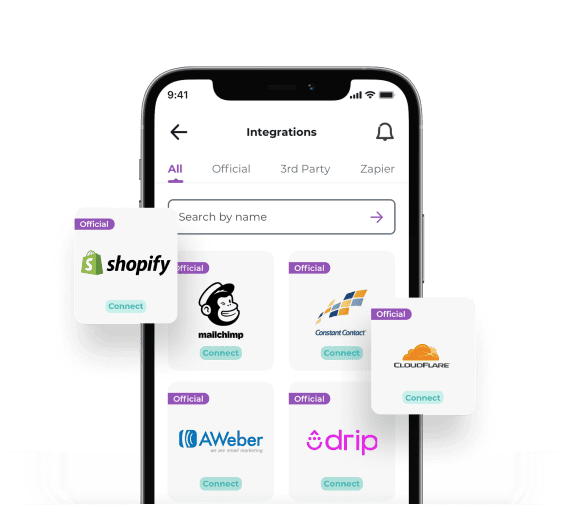 iPhone screen listing different ZeroBounce integrations, including Shopify, Mailchimp, Constant Contact, AWeber, and Drip