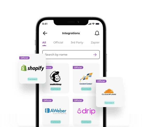 iPhone screen listing different ZeroBounce integrations, including Shopify, Mailchimp, Constant Contact, AWeber, and Drip