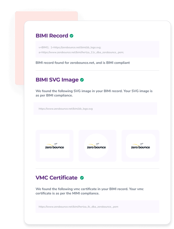 Una muestra de los resultados del verificador BIMI de ZeroBounce, que muestra el registro BIMI, la imagen SVG BIMI y el certificado VMC.