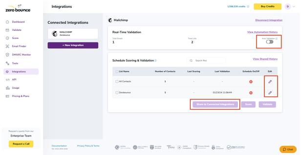 The Mailchimp integration feature in the ZeroBounce dashboard with “Auto Validation” and “Share to Connected Integrations” highlighted