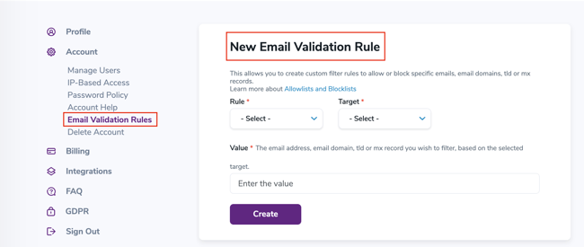 ZeroBounce email validation rules in account settings