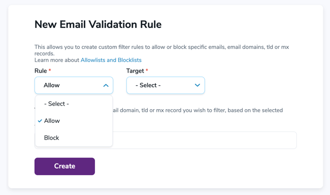 Rule selection options dropdown in the ZeroBounce email validation rule settings