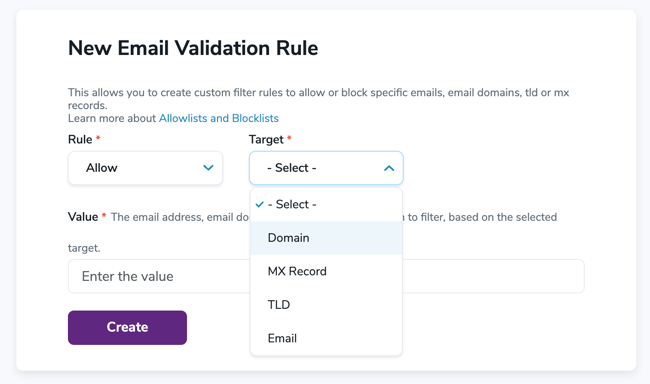 Target selection dropdown in the ZeroBounce email validation rule settings