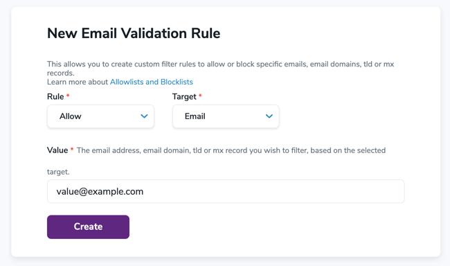 Example value entry in the ZeroBounce email validation rule settings