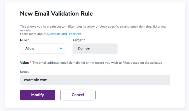Email validation rule modification menu in the ZeroBounce members area