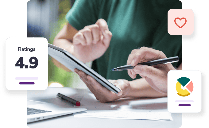 A close up of someone holding a tablet, while a woman reaches to point at something with a pen alongside a 4.9 rating.