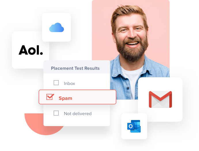 Hombre sonriendo rodeado de iconos de correo electrónico que le muestran cómo verificar correos electrónicos antes de las campañas de envío.