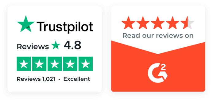 ZeroBounce's Trustpilot rating of 4.8 stars, or "excellent," from 1,021 customer reviews and ZeroBounce's rating of 4.5 stars from G2.