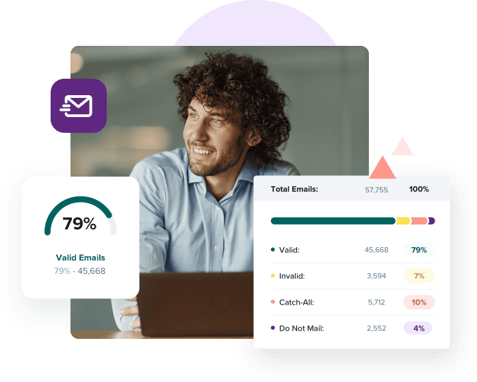 A curly haired man in a blue shirt smiles in front of a laptop and his email validation results showing 79% valid emails along with invalid emails, catch-alls, and do not mail addresses.