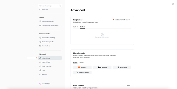 The Ghost settings screen with arrows pointing to Integrations, Add custom integration.