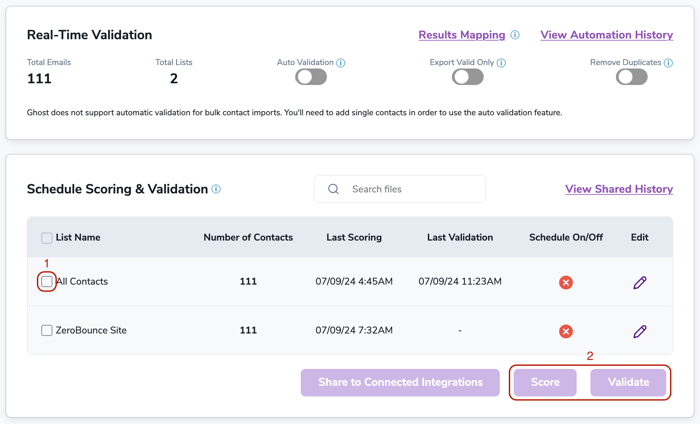 Los menús Real-Time Validation (Validación en tiempo real) y Schedule Scoring & Validation (Programar calificación y validación) para la integración de ZeroBounce y Ghost.