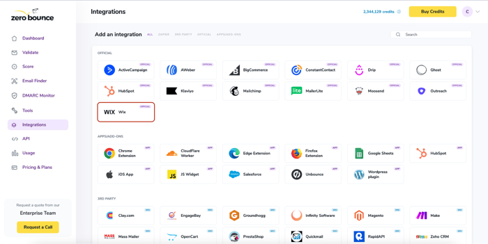 Un contorno rojo sobre la integración oficial de ZeroBounce con Wix en el panel de control de ZeroBounce.