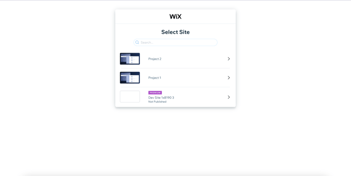 El menú de selección del sitio de Wix.